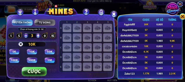 Minigame Mines Tại RikVip Thử Thách Bản Lĩnh Dò Mìn Thắng Lớn